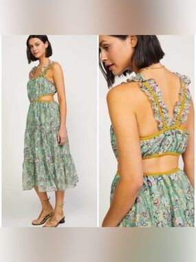 Current Air Green Floral Backless Maxi Dress with Mustard Trim